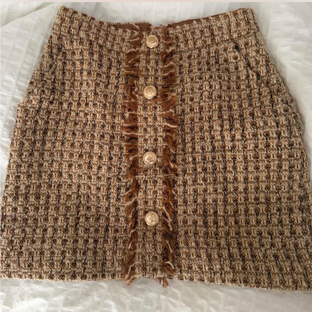 Walter Baker Tan Tweed Mini Skirt with Gold Accents